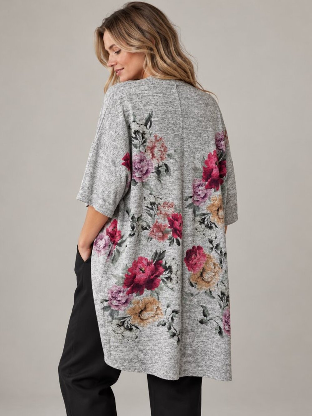 Live in the Moment Grey Floral Longline Cardigan – M